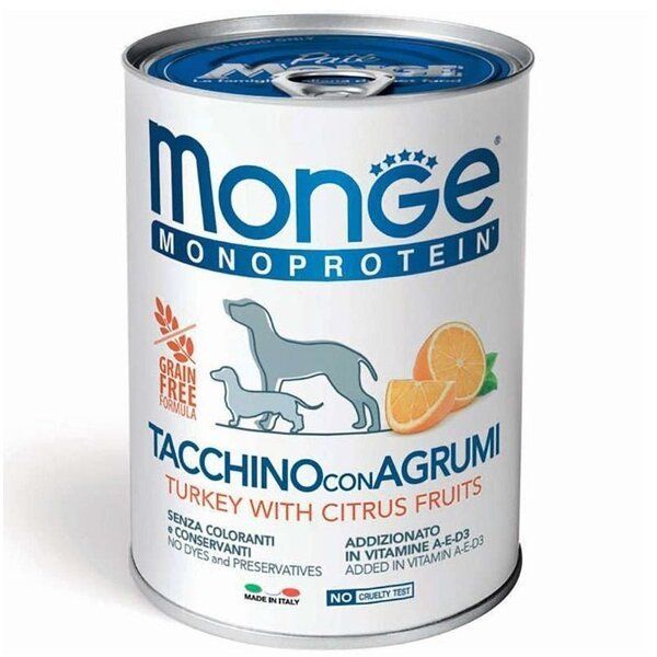 Влажный корм Monge Италия Dog Wet Fruit Mono монопротеиновый для собак с индейкой и цитрусами