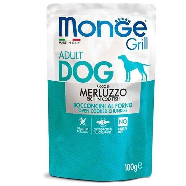 Вологий корм Monge Італія Dog Grill для собак, запечені шматочки в соусі з тріскою