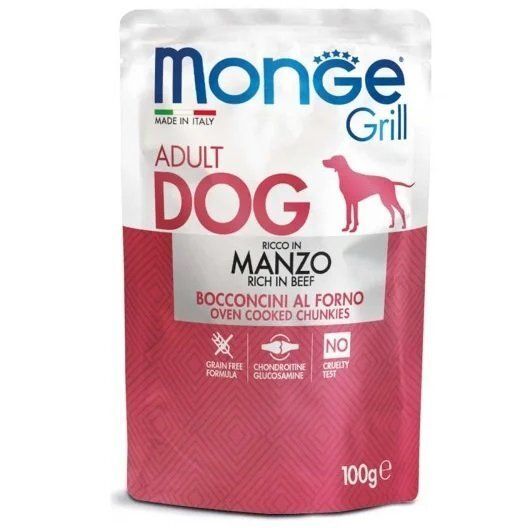 Влажный корм Monge Италия Dog Grill для собак, запеченные кусочки в соусе с говядиной