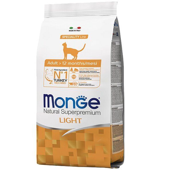 Сухой корм Monge Италия Cat Light для кошек против ожирения с индейкой