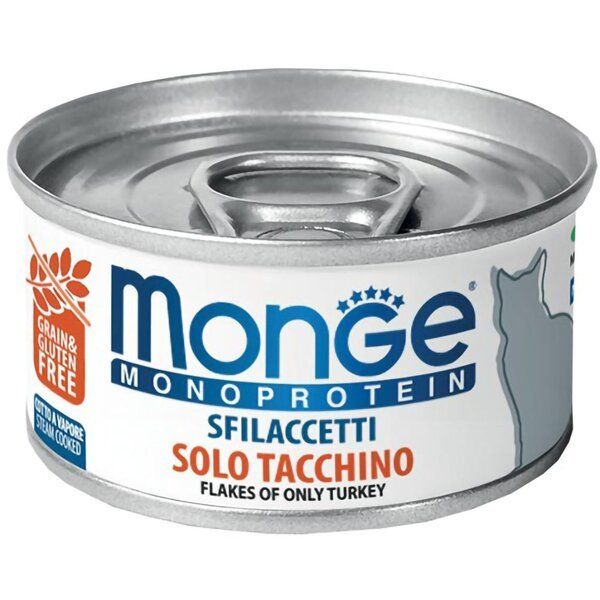 Вологий корм Monge Італія Cat Wet Monoprotein м'ясні пластівці для котів з індичкою