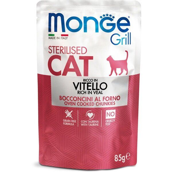 Вологий корм Monge Італія Cat Wet Grill Sterilised для стерилізованих котів, запечені шматочки в соусі з телятиною