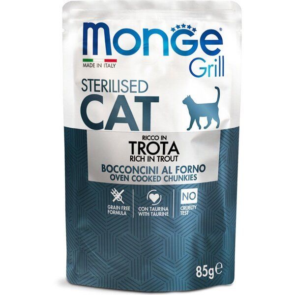Вологий корм Monge Італія Cat Wet Grill Sterilised для стерилізованих котів, запечені шматочки в соусі з фореллю