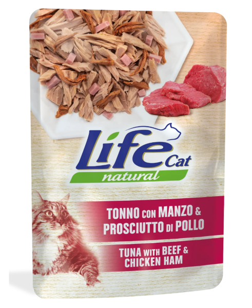 Вологий корм LifeCat Тайланд для котів, зі смаком тунця з яловичиною та шинкою, пауч