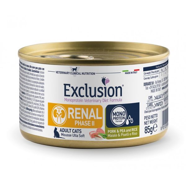 Влажный корм Exclusion Италия Renal для кошек с почечной недостаточностью со свининой, горохом и рисом (Фаза 2)