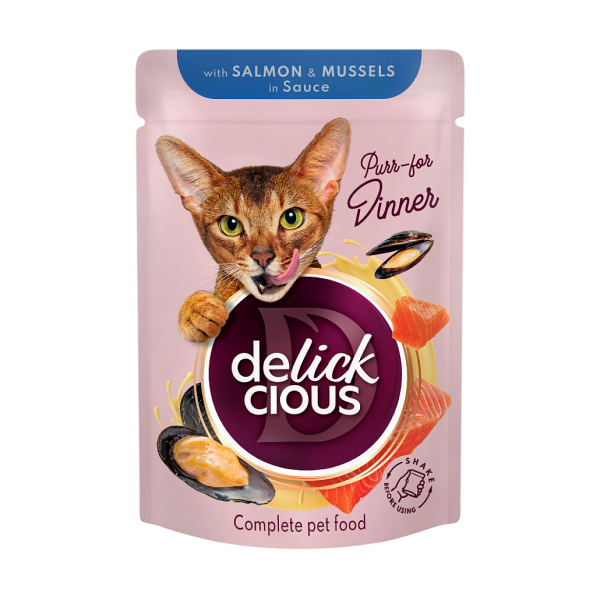 Вологий корм Delickcious для дорослих котів. Шматочки з лососем і мідіями в соусі