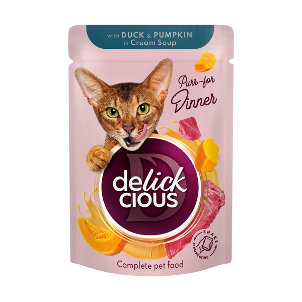 Вологий корм Delickcious для дорослих котів. Смужки з качкою та гарбузом в крем супі