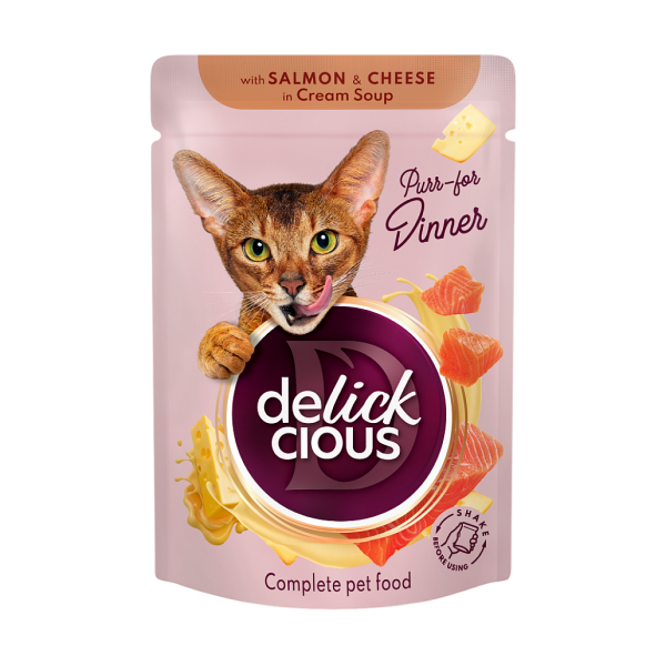 Вологий корм Delickcious для дорослих котів. Смужки з лососем та сиром в крем супі