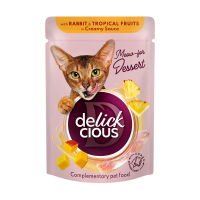 Влажный корм Delickcious для взрослых кошек. Хлопья с кроликом и тропическими фруктами в сливочном соусе