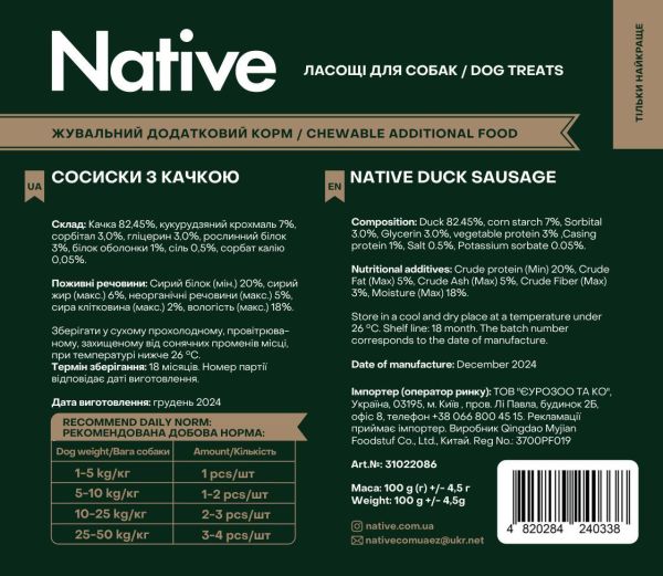 Лакомство Native для собак утиные сосиски