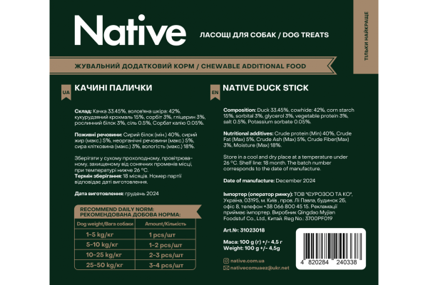 Лакомство Native для собак утиной палочки