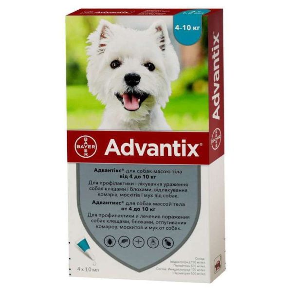 Краплі Advantix Bayer Німеччина для профілактики та лікування уражень кліщами та блохами собак вагою 4-10 кг