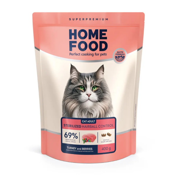 Сухой корм Home Food Украина Hairball Control для стерилизованных кошек для вывода шерсти с индейкой и ягодами