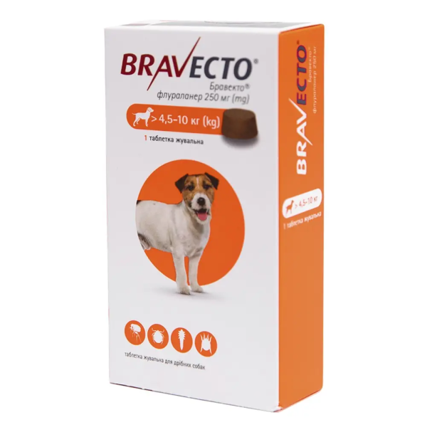 Протипаразитарні таблетки Bravecto Австрія від бліх і кліщів для собак 4,5-10 кг, 250мг
