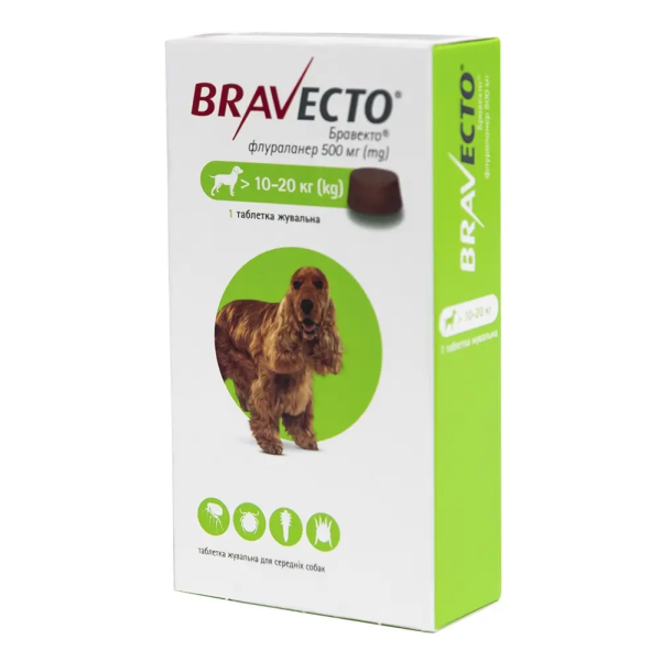 Протипаразитарні таблетки Bravecto Австрія від бліх і кліщів для собак 10-20 кг, 500мг