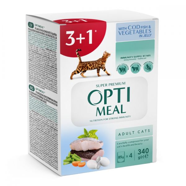 Влажный корм Optimeal Украина для кошек с треской и овощами в желе 85г 3+1