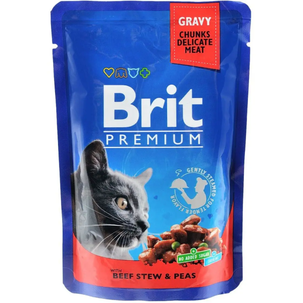 Влажный корм Premium Brit для кошек с говядиной и зеленым горохом