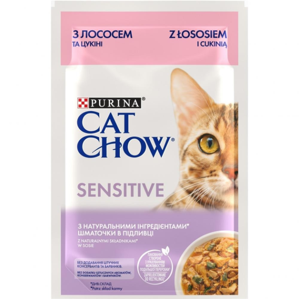 Вологий корм Cat Chow Угорщина для котів з чутливим травленням з лососем та цукіні
