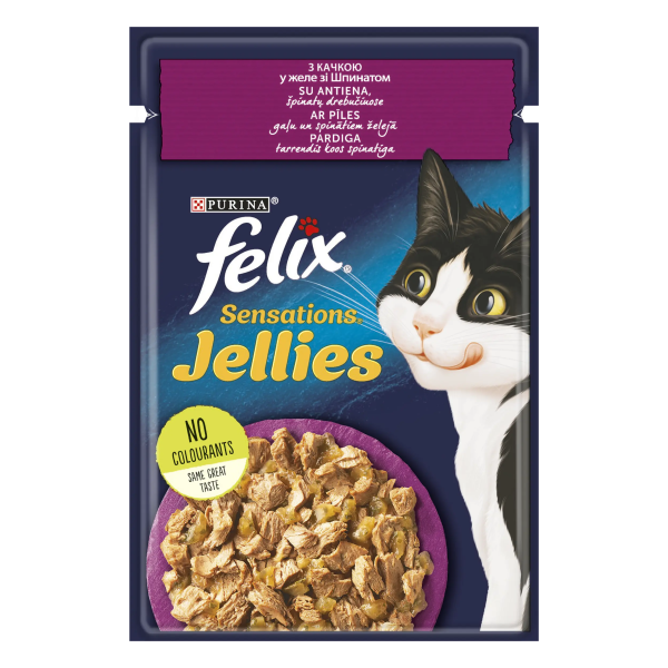 Вологий корм Felix Угорщина Sensations для котів з качкою та шпинатом в желе