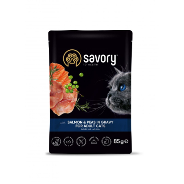 Вологий корм Savory Чехія для дорослих котів з Лососем та Горошком у соусі