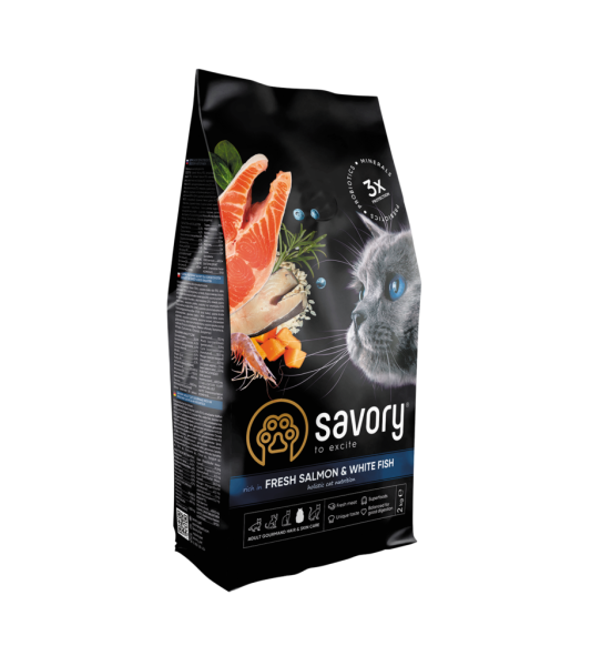 Сухий корм Savory Чехія для довгошерстих котів зі свіжим лососем і білою рибою