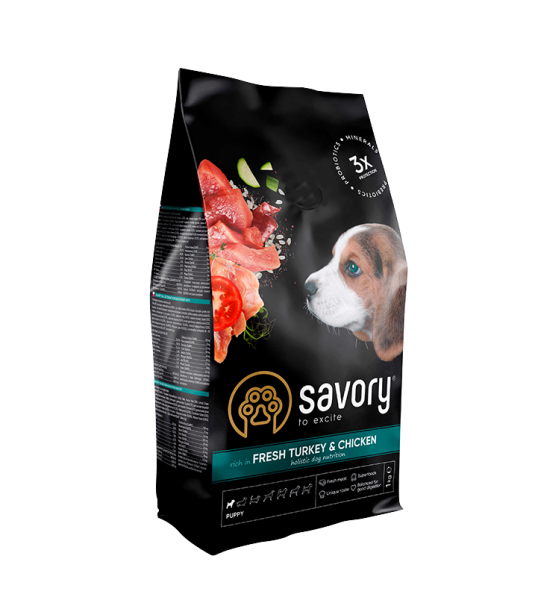 Сухий корм Savory Чехія для цуценят усіх порід зі свіжою індичкою і куркою